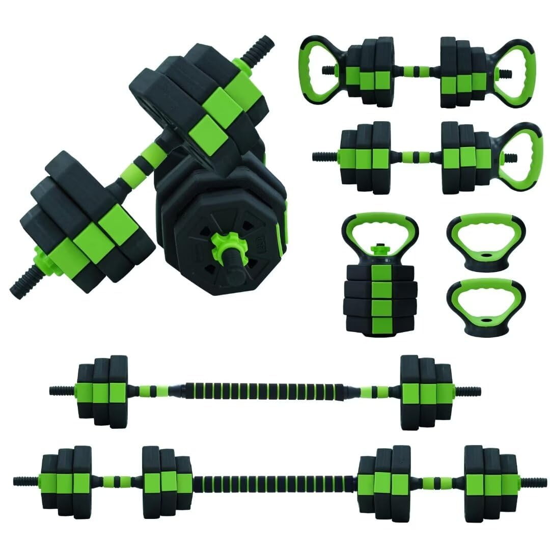 4-in-1 Adjustable Dumbbell Set 66 lb (30 kg), Sand-Filled Polygon Plates, Converts to Barbell/Kettlebell/Push-Up Stand, Anti-Roll Design, Home Gym Weights - Green