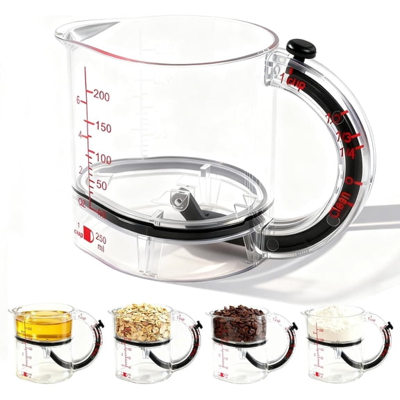 4-in-1 Adjustable Measuring Cup, All in One Multi-Functional Measuring Cups with Adjustable Base & Scraper for Wet Dry Sticky Ingredients, Space-Saving Easy to Clean No Waste Design