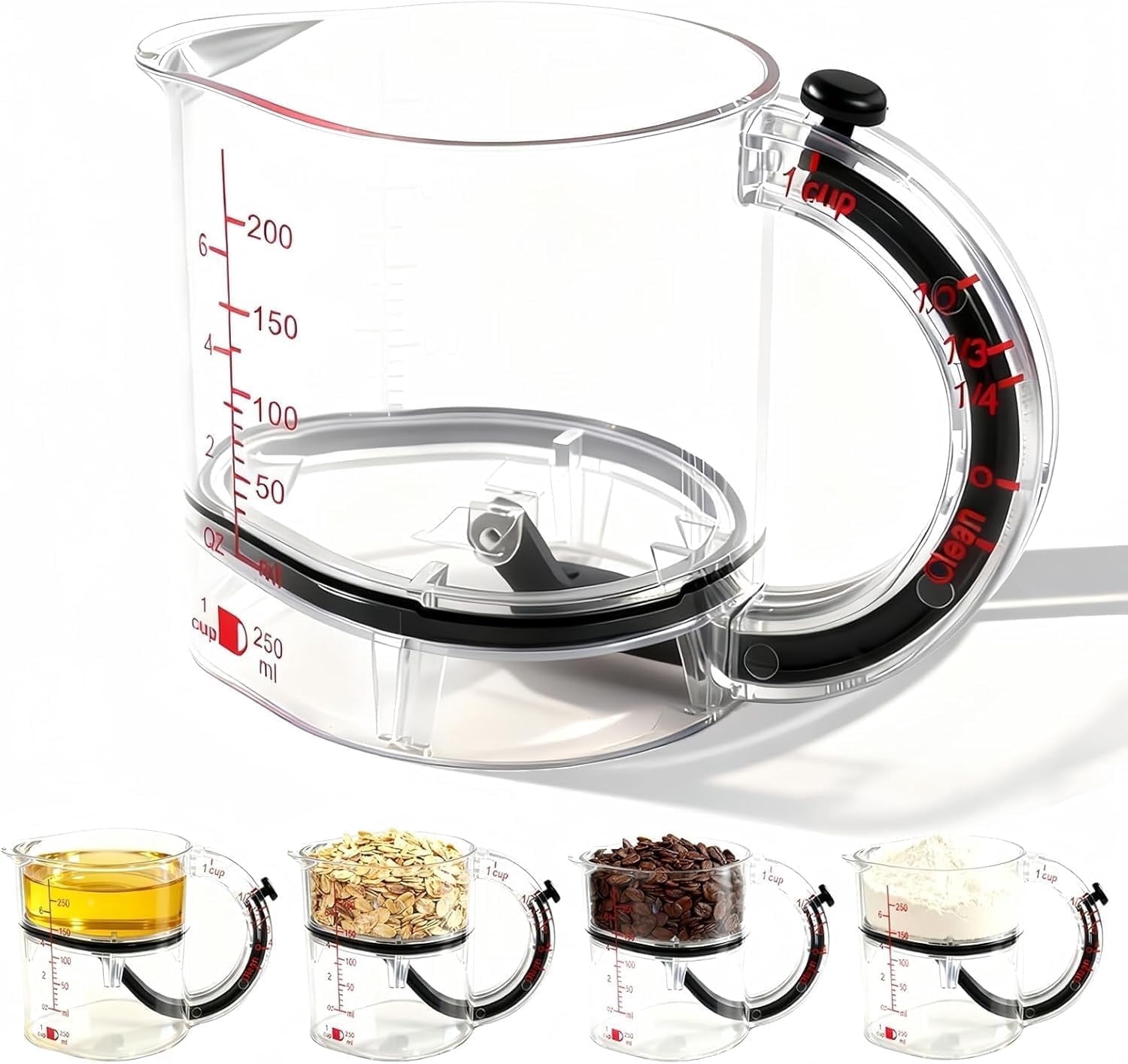 4-in-1 Adjustable Measuring Cup - Up Cup Push Up Measuring Cup with Handle & Adjustable Base for Cooking Baking