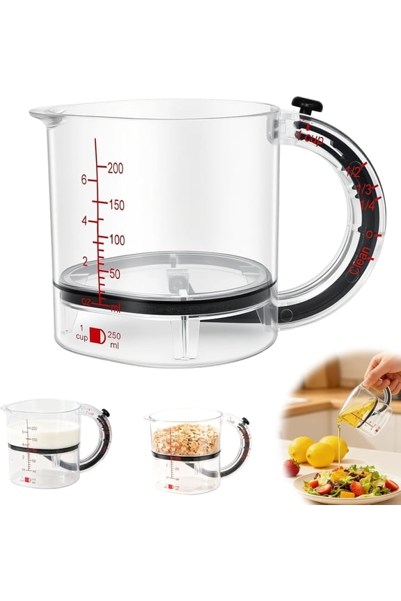 4-in-1 Adjustable Measuring Cup with Scraper Base - Dual Measurement Markings, Easy Clean Design for Liquid & Dry Ingredients