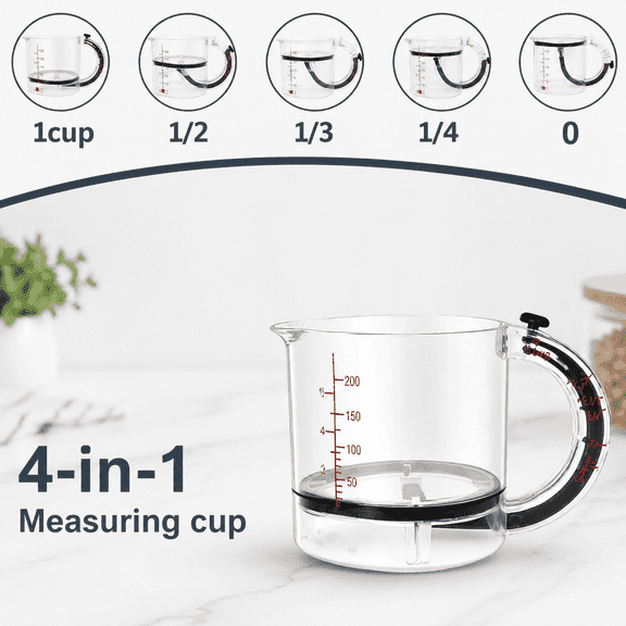 4-in-1 Adjustable Measuring Cup with Scraper Base Dual ml & oz Markings, Collapsible Design for Liquid and Dry Ingredients, Dishwasher Safe