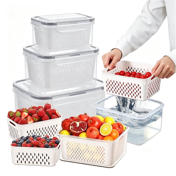 Airtight Food Storage Container Set with Removable Colander for Fruits & Vegetables, Grey, 4-in-1
