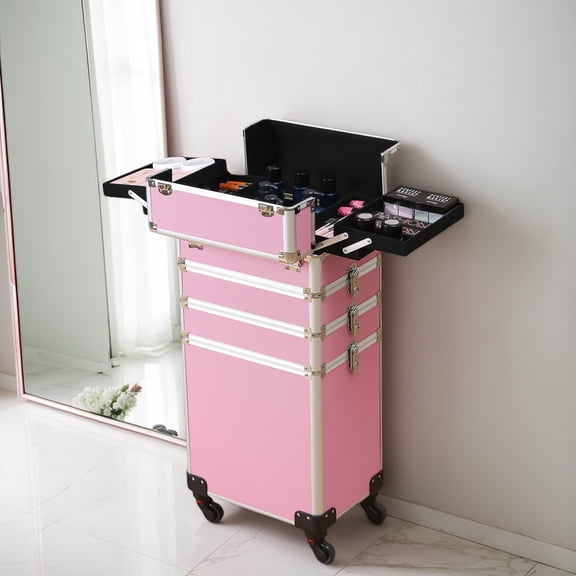 4-in-1 Aluminum Pink Makeup Case, Multi-Compartment Cosmetic & Tattoo Storage Box