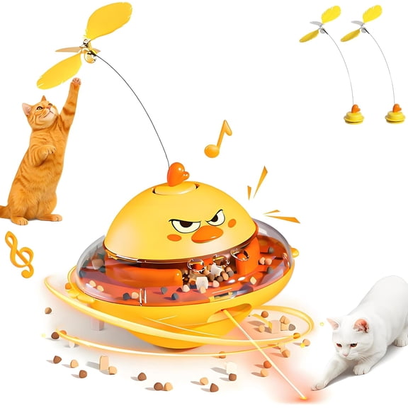 4-in-1 Automatic Cat Interactive Toy, Self-Balancing Spinning Laser Pointer w/Feather Teaser&Treat Dispenser, Bird Chirping, 360 °   Rotation, Quad-Sensory Boredom Relief for Indoor Cats