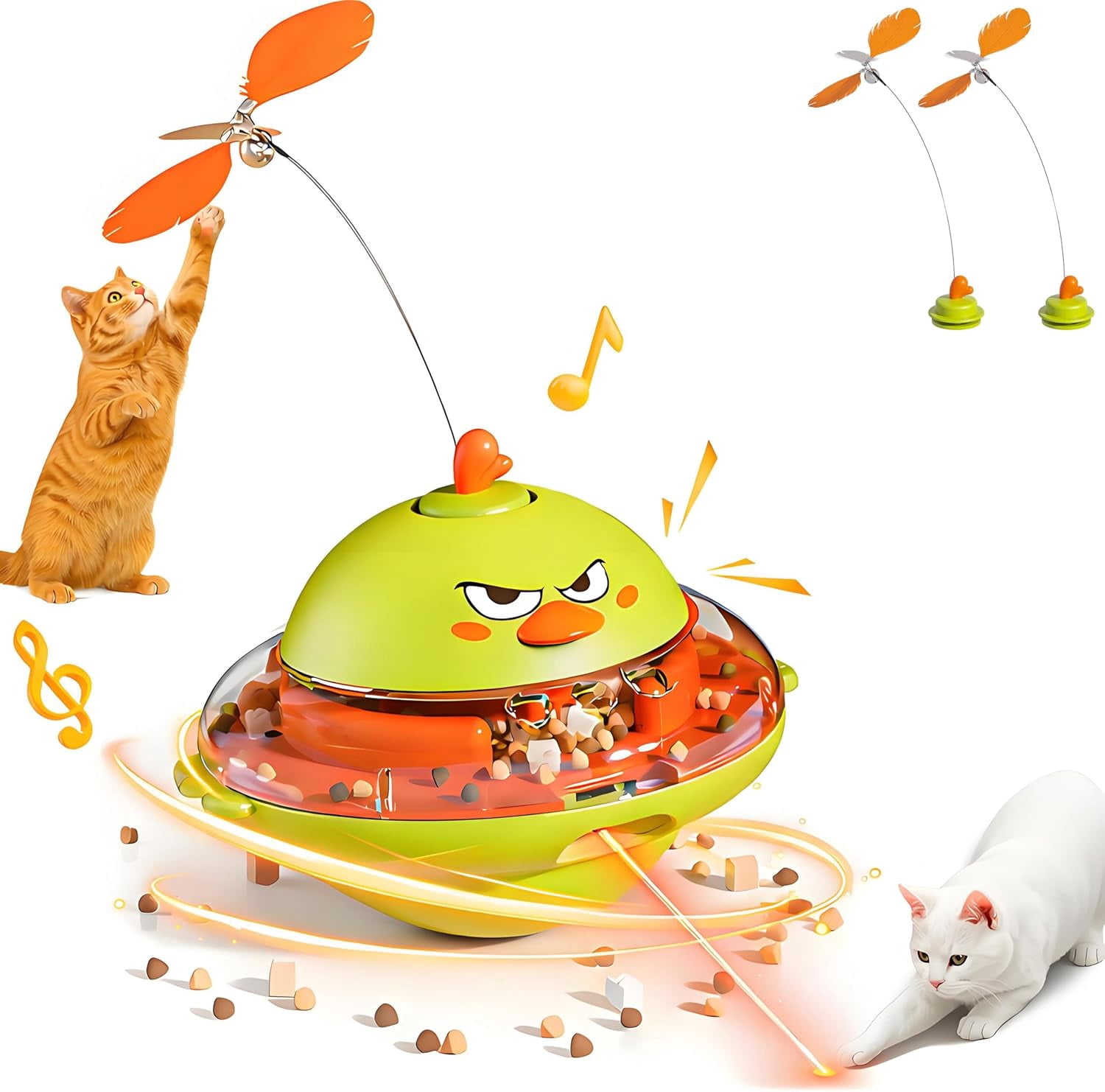4-in-1 Automatic Cat Interactive Toy, Self-Balancing Spinning Laser Pointer w/Feather Teaser&Treat Dispenser, Bird Chirping, 360 °   Rotation, Quad-Sensory Boredom Relief for Indoor Cats