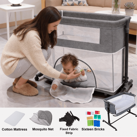 4-in-1 Baby Bassinet,Bedside Co-Sleeper,Newborn Rocking Crib to Toddler Playard,No Assembly, Adjustable, Unisex,GREY