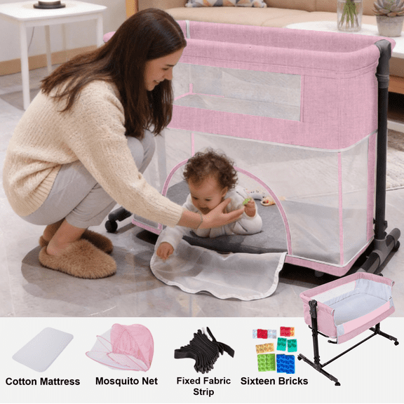 4-in-1 Baby Bassinet,Bedside Co-Sleeper,Newborn Rocking Crib to Toddler Playard,No Assembly, Adjustable, Unisex,PINK