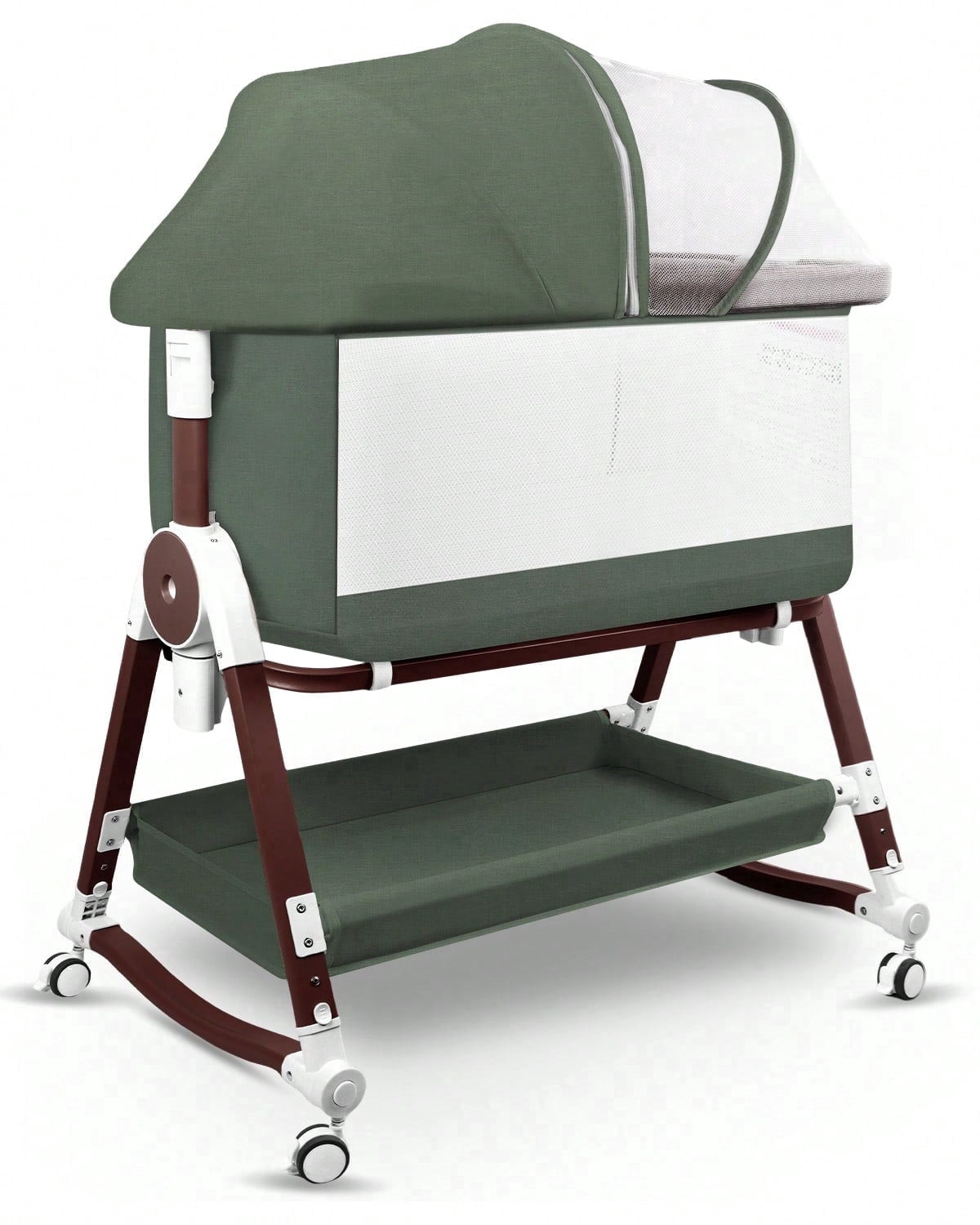 4 in 1 Baby Bassinet Bedside Sleeper W/ Wheels,Storage Basket,Adjustable 7 Heights,Mosquito Net,Breathable Mesh Cradle for Infants Toddler,Green