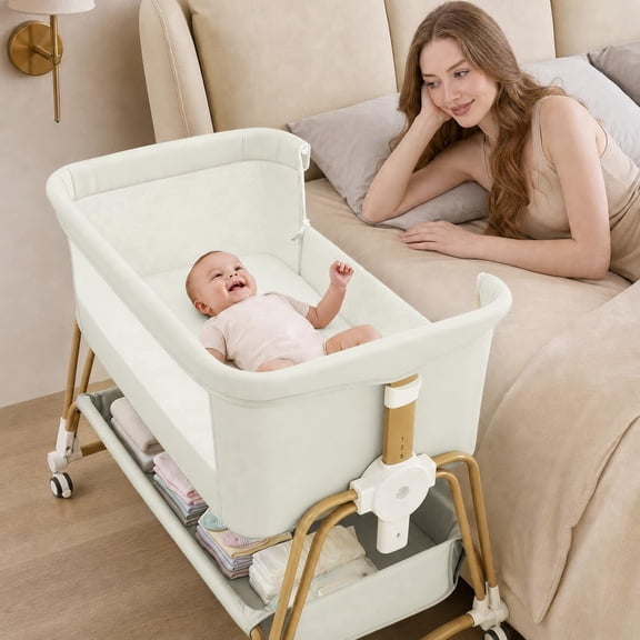 4-in-1 Baby Bassinet & Bedside Sleeper for Babies, 7-Level Height Adjustable, Wheels with Storage Basket, Breathable Mesh,White