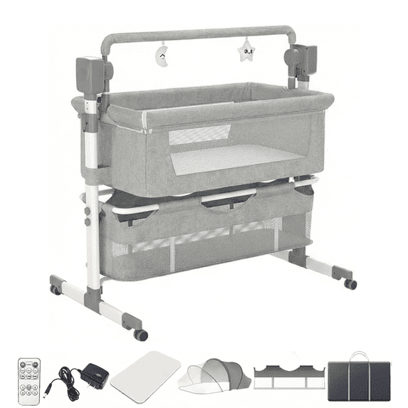 4 in 1 Baby Bassinet Electric Bedside Sleeper with Wheels,Canopy,Storage,Adjustable Bassinet for Newborns/Babies/Infants(Bluetooth Enabled),LIGHTGREY