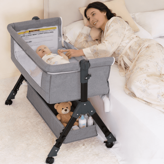 4-in-1 Baby Bassinet,Standalone Baby Crib,Baby Bedside Sleeper with Diaper Changer for Newborns 0-24 Months,Unisex,Grey