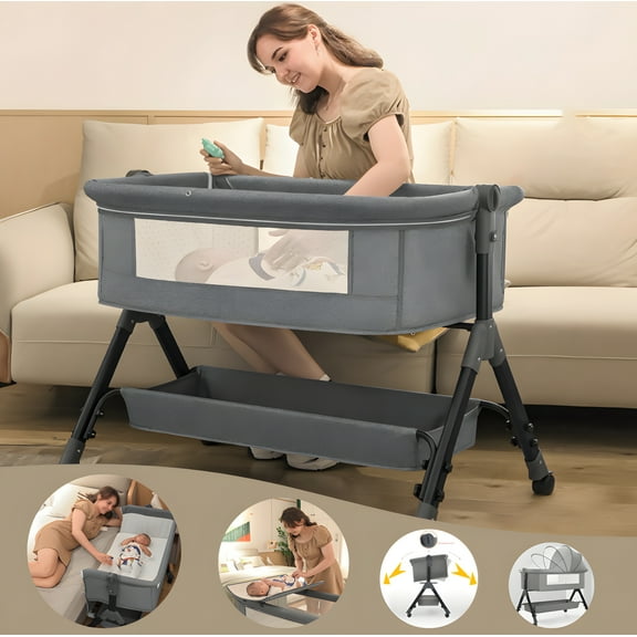 4-in-1 Baby Bassinet ,Upgrade baby crib with Adjustment Heights& Diaper Changer,for Newborns 0-24 Months, Unisex,Gray