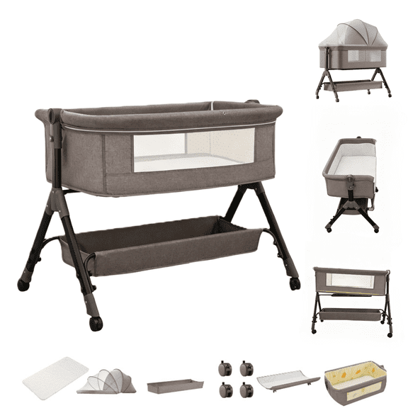 4 in 1 Baby Bedside Bed,Portable Newborn Cribs with Changing Table,Rocking Infant Bed with Mosquito Net,Height Adjustable,Unisex,KHAKI