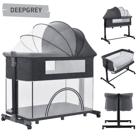 4-in-1 Baby Convertible Crib, Rocking Bassinet, Bedside Sleeper & Playard with Adjustable Height ,Unisex,DEEPGREY