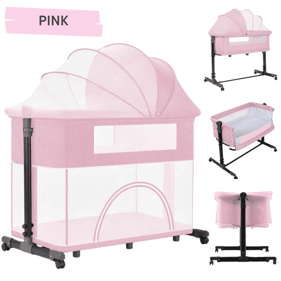 4-in-1 Baby Convertible Crib, Rocking Bassinet, Bedside Sleeper & Playard with Adjustable Height ,Unisex,PINK