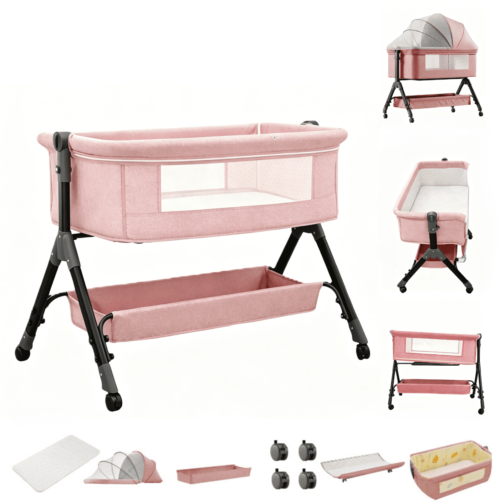 4 in 1 Baby Crib Portable Newborn Cribs with Changing Table Baby Bedside Sleeper with Mosquito Net,Height Adjustable,Unisex,Pink