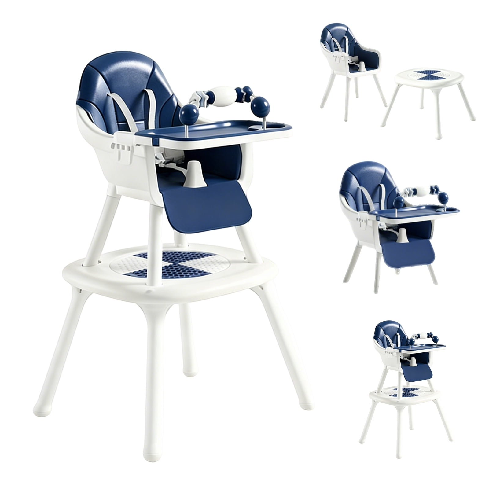 Convertible 4-in-1 Baby High Chair with Block Table, Infant to Toddler Feeding Chair with Play Tray & Built-in Toys, Removable PU Cushion, Easy to Clean Dining & Activity Chair–Blue