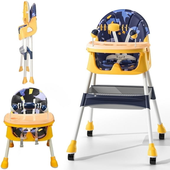 4-in-1 Folding Baby High Chair with Wheels & Tray, Adjustable Booster Seat Convertible High Chairs for Babies Toddlers 6 Months to 5 Years
