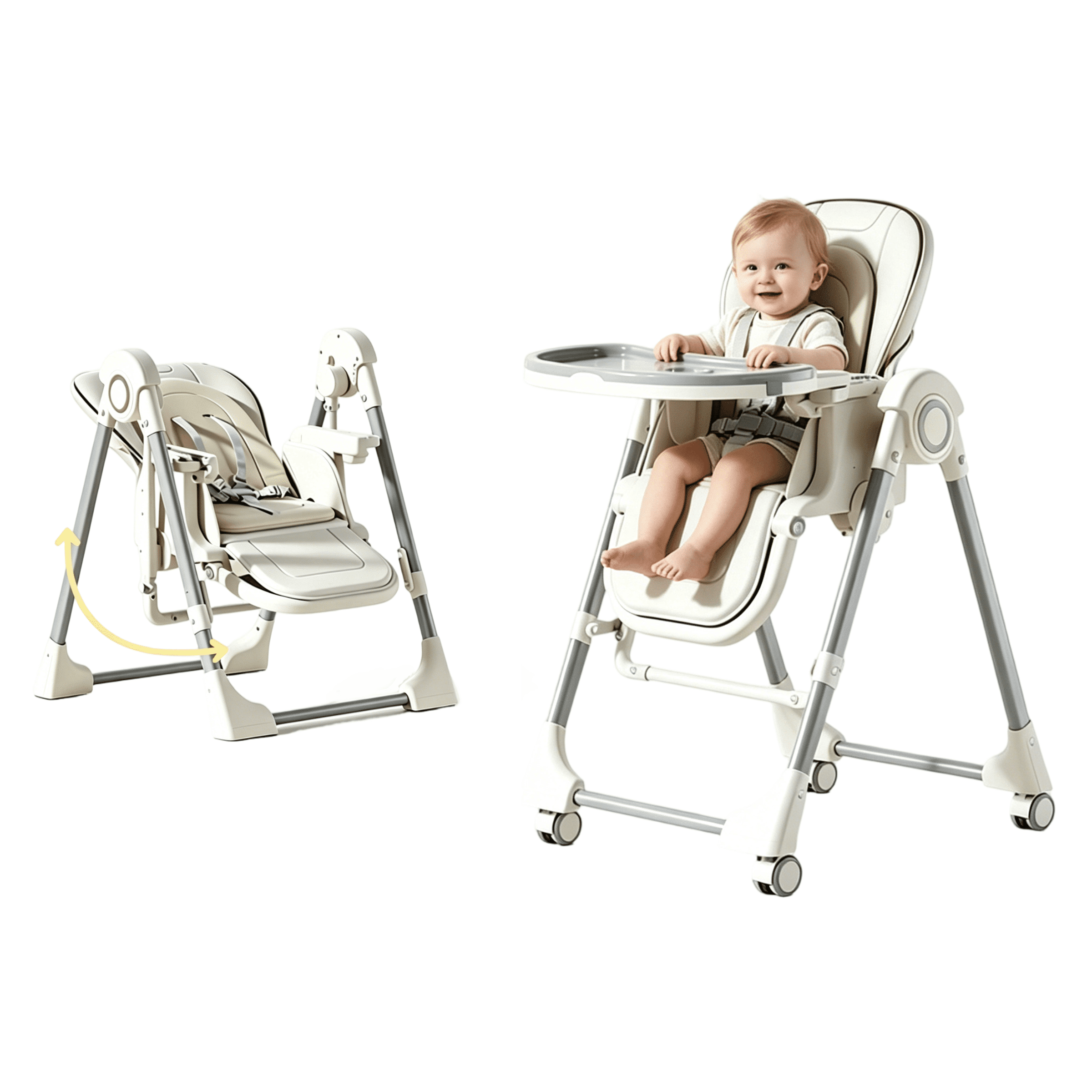 4 in 1 Baby High Chair Folding Dining Chair Convertible Baby Swing with Double Tray,Universal Wheels,PU Leather,for Babies to Toddlers,Unisex,White