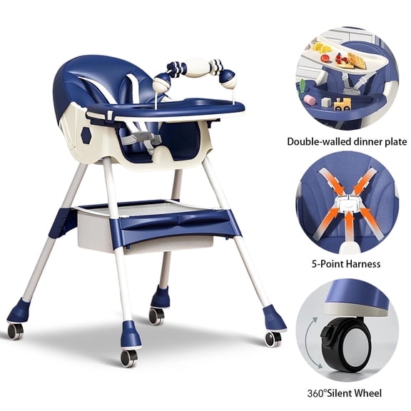 Jonster 4-in-1 Baby High Chair,Adjustable Kid Toddler Dining Chairs Eat & Play with Double-Layer Dinner Plate and Toy Rack, Blue