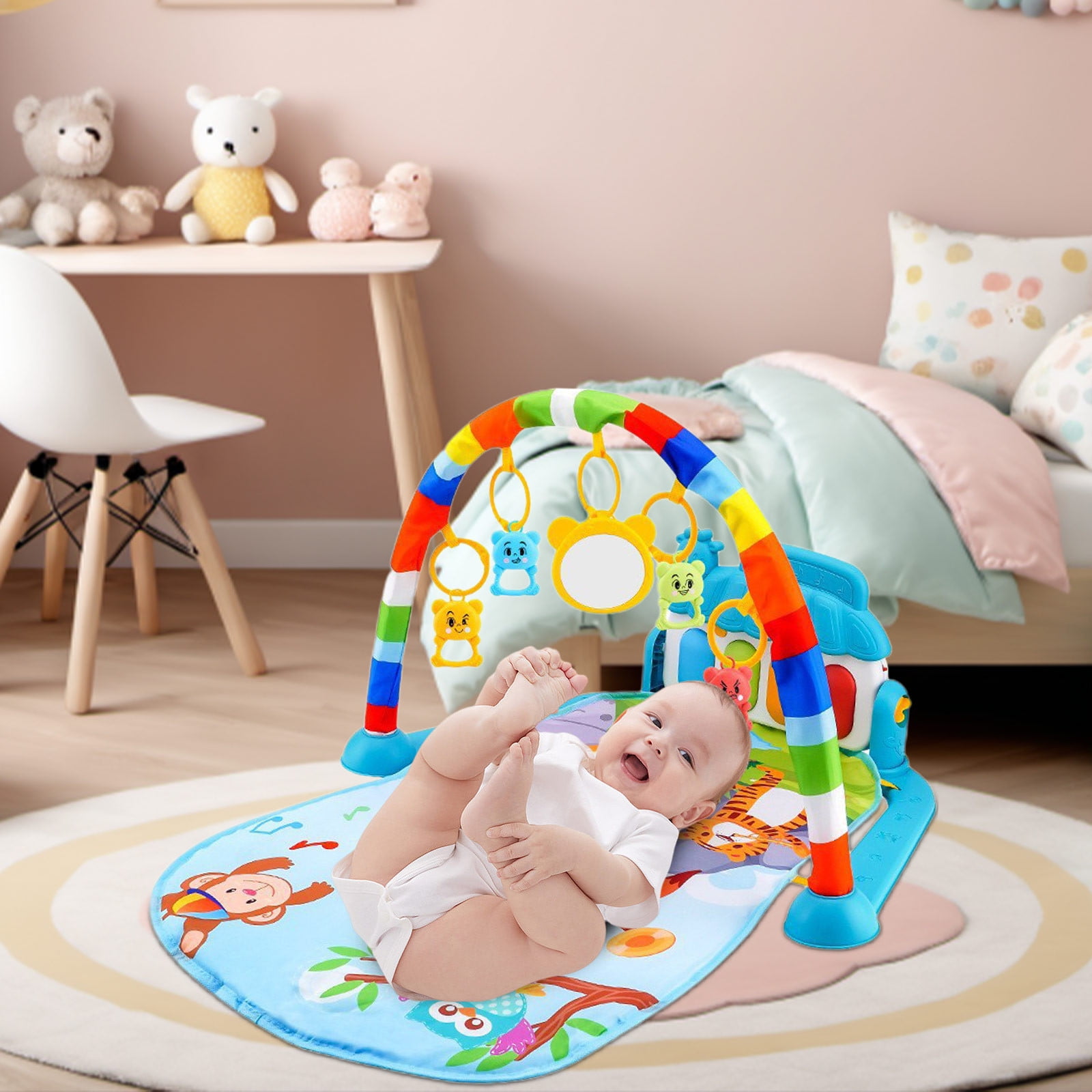 4-in-1 Baby Piano Play Mat with 5 Linkable Toys, Soft & Washable Activity Gym for Tummy Time, Removable Musical Mat for Infants 0-36 Months