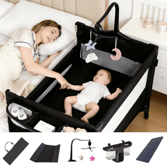 4-in-1 Baby Playard,Baby Bedside Crib &Co sleeper with Bassinet,Changing Table,Large Storage for Newborn(0-36Months),Unisex,Black