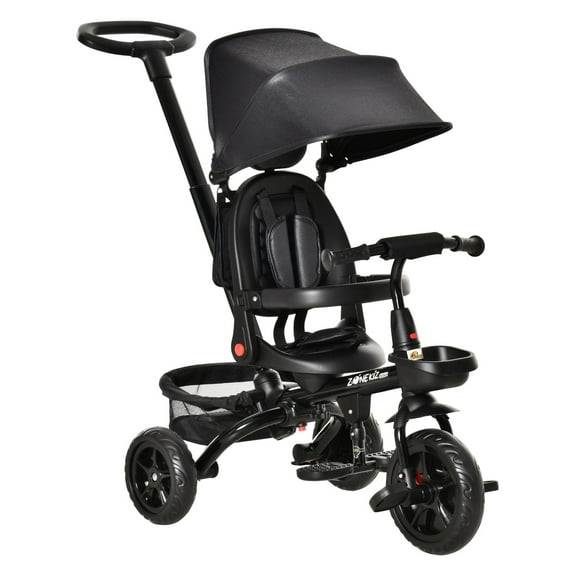 4-in-1 Baby Tricycle with Push Handle, Rotatable Seat & Canopy - Black Toddler Trike for 1-5 Year Olds