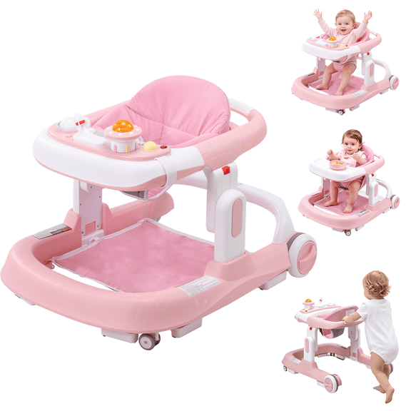 4-in-1 Baby Walker with Wheels, Adjustable Height, Music and Light for Girls Boys Infant 6-18 Months,Pink