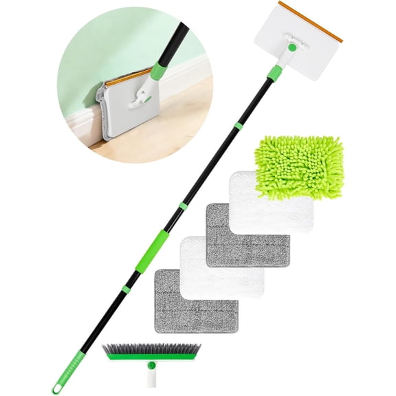 4-in-1 Baseboard Cleaning Tool with Handle 5 Pads 1 Stiff Bristle Brush Carpet Rake for Removal Baseboard Cleaner Carpet Windows Wall Floor Bathroom Kitchen