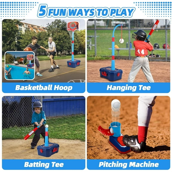4 in 1 Basketball Hoop & T  Set for Kids 1-5 Years Old, Adjustable Indoor Outdoor Sports Toy