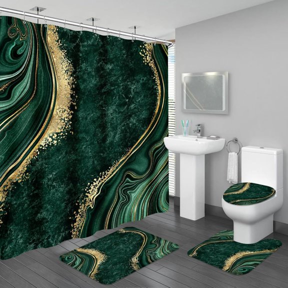 4 in 1 Bathroom Combo with Matching Bath Rugs, Dark Green Gold Agate Printed Rug Set, Luxury Bathroom Decor for Apartment Guest Bath