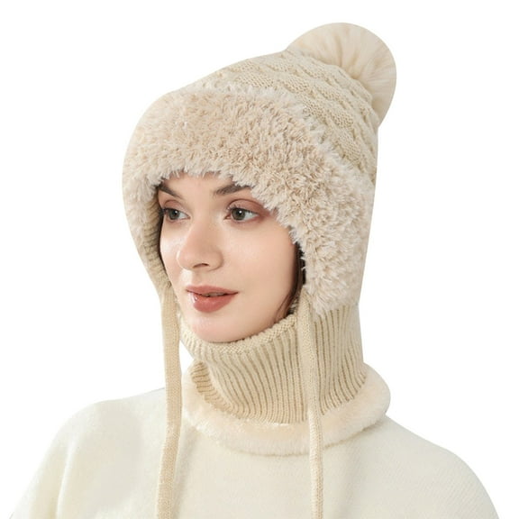 4 in 1 Beanie Hat Scarf and Mask, Knitted Balaclava Hats, Windproof One Size Hat and Scarf Set for Women