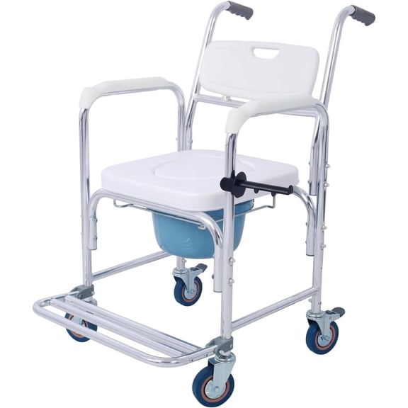 4-in-1 Bedside Commode Chair, Transport Shower Wheelchair Toilet Rolling Transport Chair with 4 Brakes Casters,Tissue Holder,Crutch Holder for Elderly Injured and Disabled