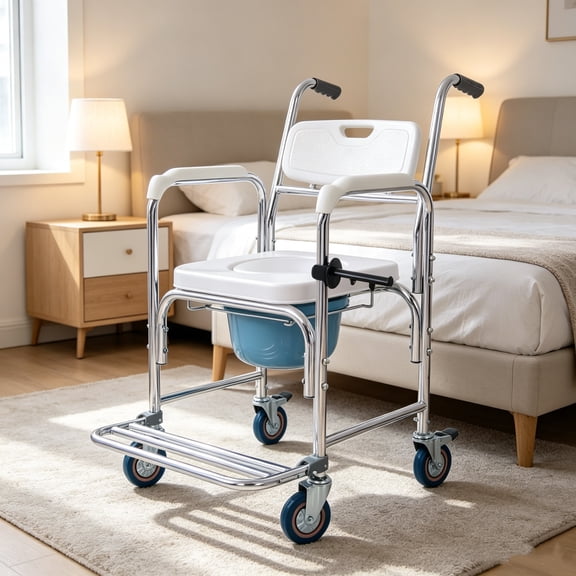 4 in 1 Bedside Commode Wheelchair, Shower Transport Chair with Brakes, Toilet Rolling Chair for Elderly