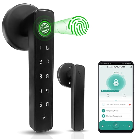 4-in-1 Biometric Fingerprint Smart Door Lever,Keyless Entry Door Handle with App Control&Auto Lock,Minimalist Digital Lock with Hidden Keyhole for Bedroom,Home Office or Airbnb Hosts,Black