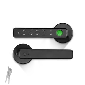 4-in-1 Biometric Fingerprint Smart Door Lever,Keyless Entry Door Handle with App Control&Auto Lock,Minimalist Digital Lock with Hidden Keyhole for Bedroom,Home Office or Airbnb Hosts,Black