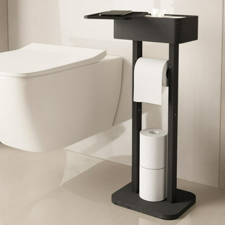 4-in-1 Black Toilet Paper Holder Stand with Storage Shelf Box, 360° Rotating Bamboo Free Standing Toilet Tissue Roll, Toilet Wipes Dispenser Organizer, Temporary Desktop for Bathroom (Patent)