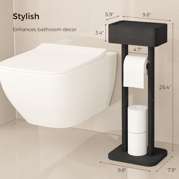 4-in-1 Black Toilet Paper Holder Stand with Storage Shelf Box, 360 °   Rotating Bamboo Free Standing Toilet Tissue Roll, Toilet Wipes Dispenser Organizer, Temporary Desktop for Bathroom (Patent)