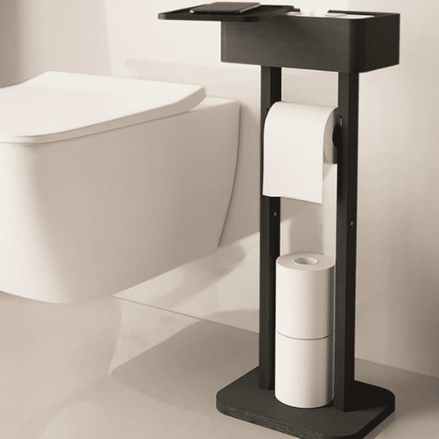 4-in-1 Black Toilet Paper Holder Stand with Storage Shelf Box, 360° Rotating Bamboo Free Standing Toilet Tissue Roll, Toilet Wipes Dispenser Organizer, Temporary Desktop for Bathroom (Patent)