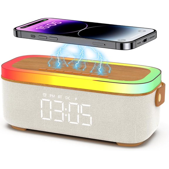 4-in-1 Bluetooth Alarm Clock for Bedroom Heavy Sleepers, 15W Wireless Charging Station with Sync Phone, Portable Bluetooth Speaker, Ambient Night Light, Trendy Room Decor Gift