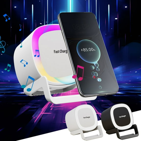 4-in-1 Bluetooth Speaker Night Light with Wireless Charger, LED Color Changing Lamp, Phone Stand - Modern Bedside Lamp for Teens, 15W Fast Charging, 7 Colors, 33ft Range - Christmas Gift for Boys