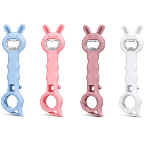 4-in-1 Bottle Opener, Bunny-Shaped Jar & Can Opener with Non-Slip Grip for Beer, Wine, Jelly Jars, Cans & Sauce Bottles