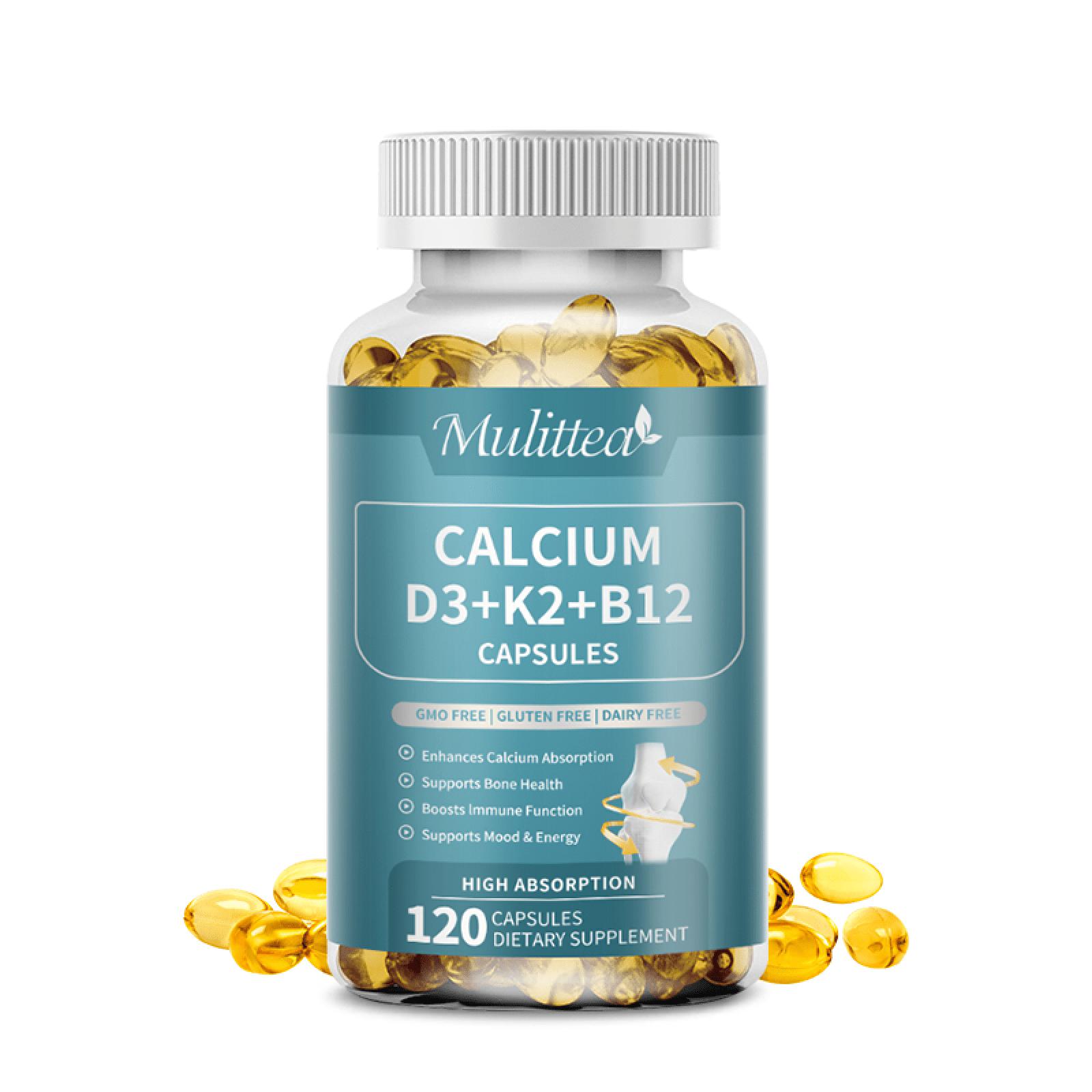 Mulittea 4-in-1 Calcium 600mg, Vitamin D3 K2 B12 5000 IU, Bone Density, Immune Support, 120 Vegan Capsules