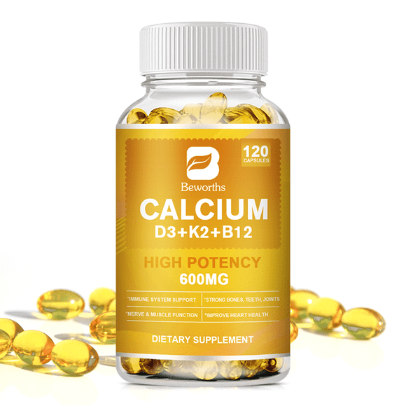 4-in-1 Calcium Supplements, with 5000 IU D3 K2 (MK7) Vitamin B12 for Heart,Bone,Immune,120 Capsules