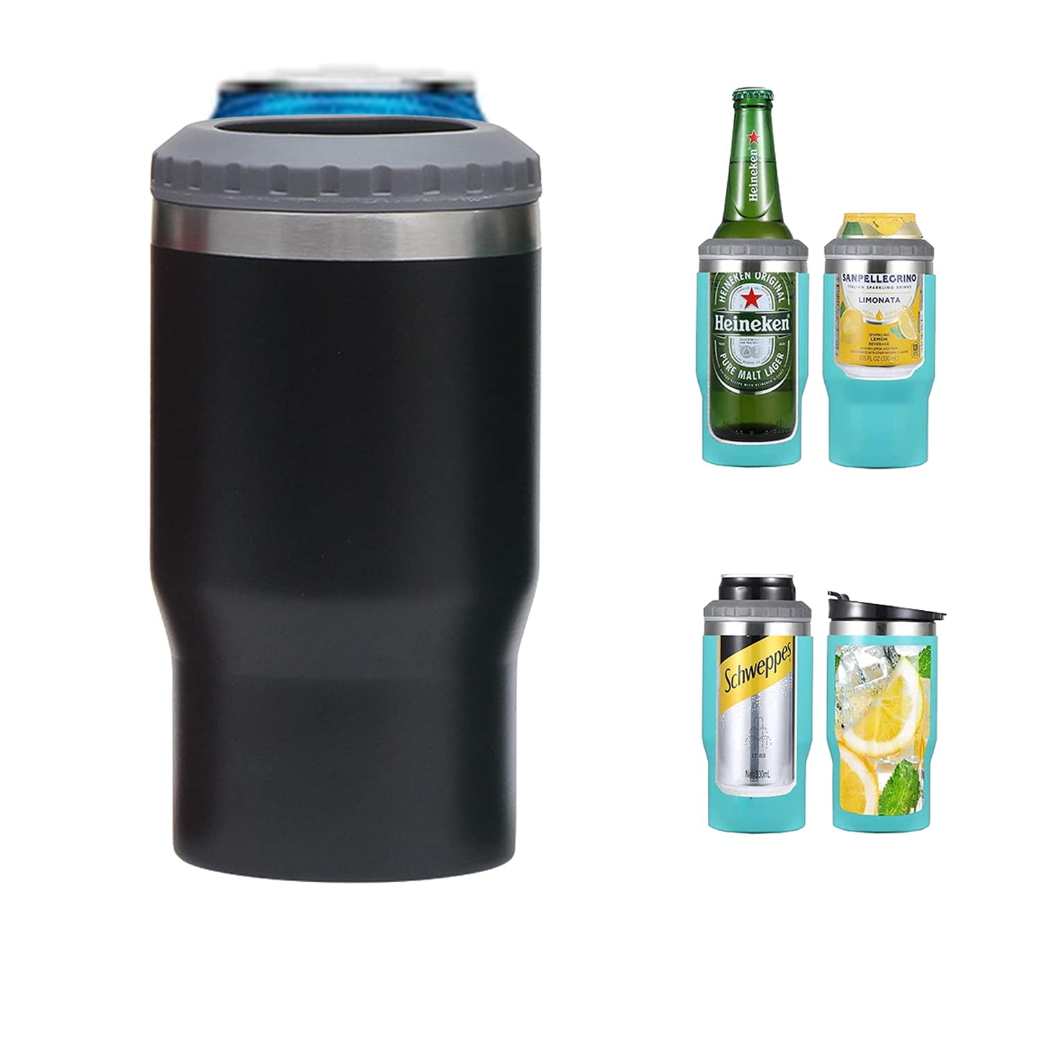 4-in-1 Can Cooler, Stainless Steel Triple Insulated Coozies for 12 oz  Skinny or Standard Can, Beer Bottle and as a 14 oz Tumbler with lid 