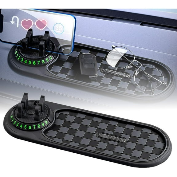 4‑in‑1 Car Antislip Dashboard Mat, Multifunctional Vehicle Mounted Anti Slip Mat with 360° Rotatable Phone Holder & Extra‑Large Organizer Mat (Grey+Black)