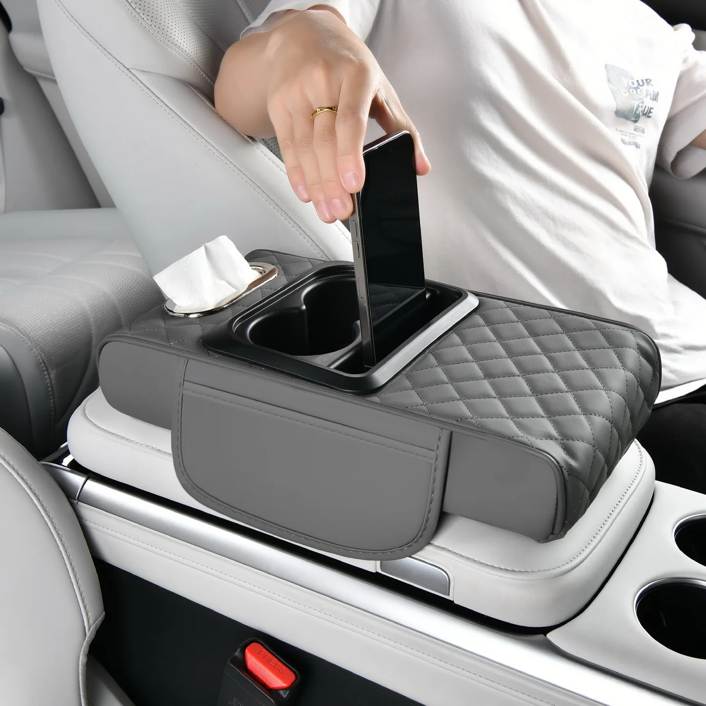 4 in 1 Car Center Console Organizer, PU Leather Armrest Cover with ...
