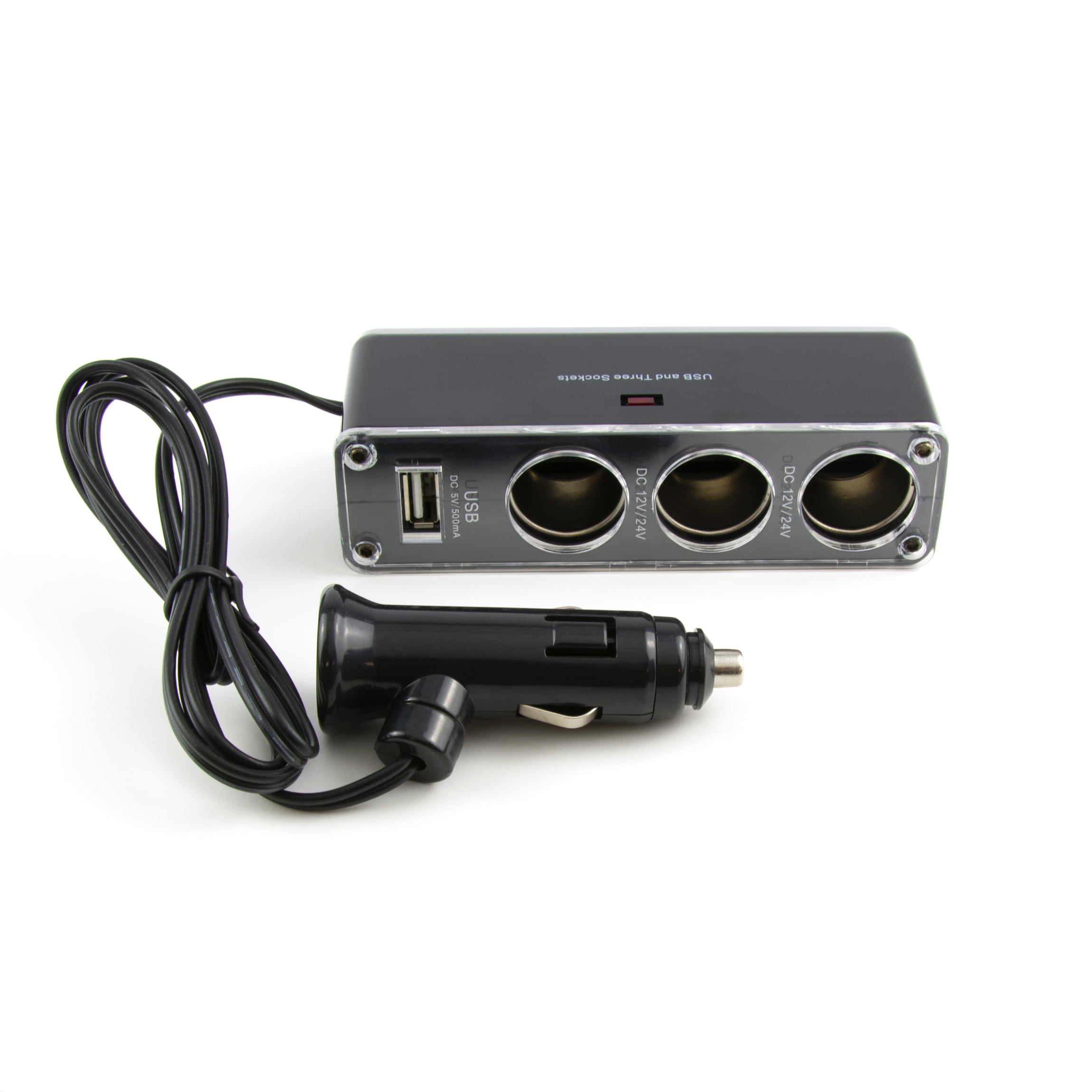 4-in-1 Car Cigarette Lighter Socket Splitter with 3 12V Sockets and USB Port