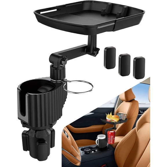 4-in-1 Car Cup Holder Expander Tray,Detachable Upgraded Food Tray Expandable Dual Cup with Phone Holder,360Rotation Adjustable Base,Road Trip Essentials Accessories for Drinking and Eating
