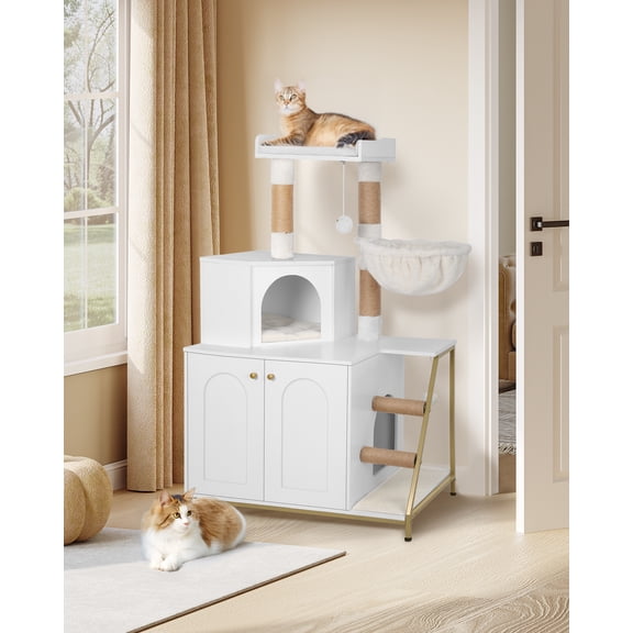 4-in-1 Cat Litter Box Enclosure Cat Tree, Platform, Scratcher, Stairs,White Gold